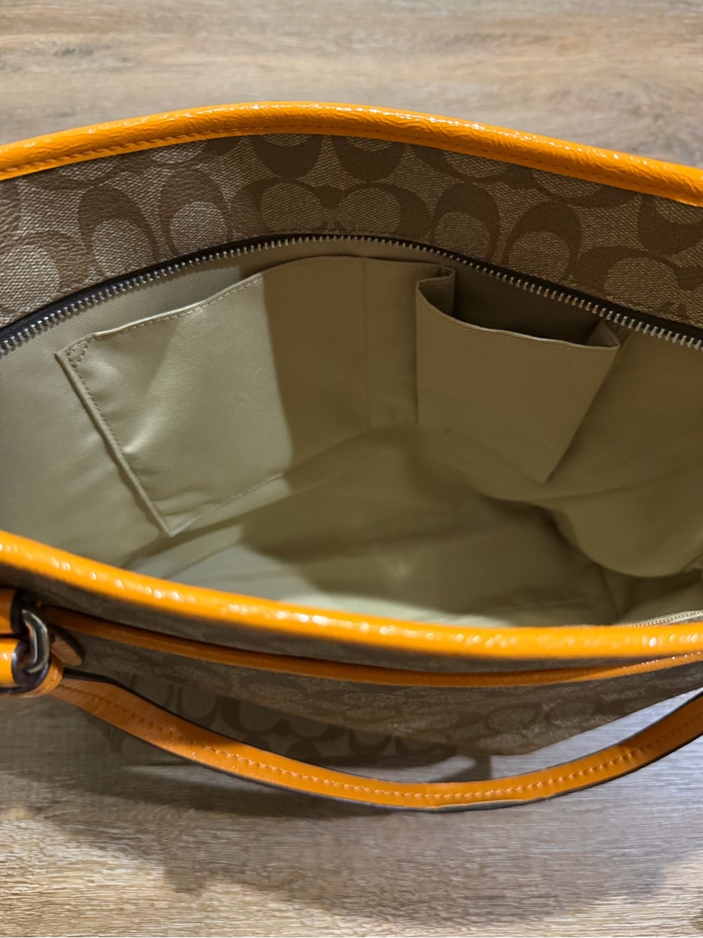 Coach Signature Canvas Zip Top Tote Bag Khaki Orange Leather Trim - Picture 10 of 13